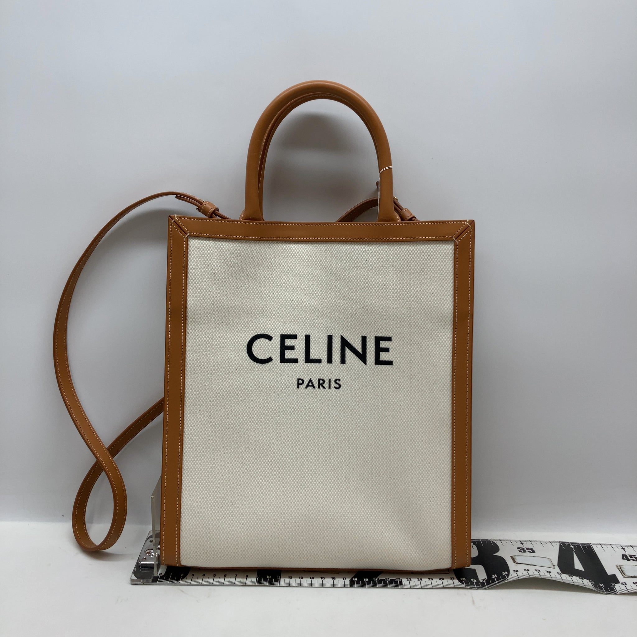 Celine Small Vertical Cabas natural canvas tan leather