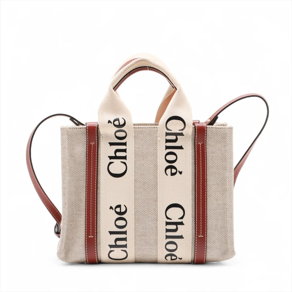 Chloé Woody Mini Canvas and Leather 2 in 1 Tote I Beige with Brown