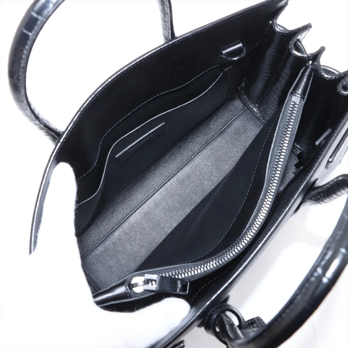 Saint Laurent Calfskin Crocodile Embossed Small Sac de Jour Black