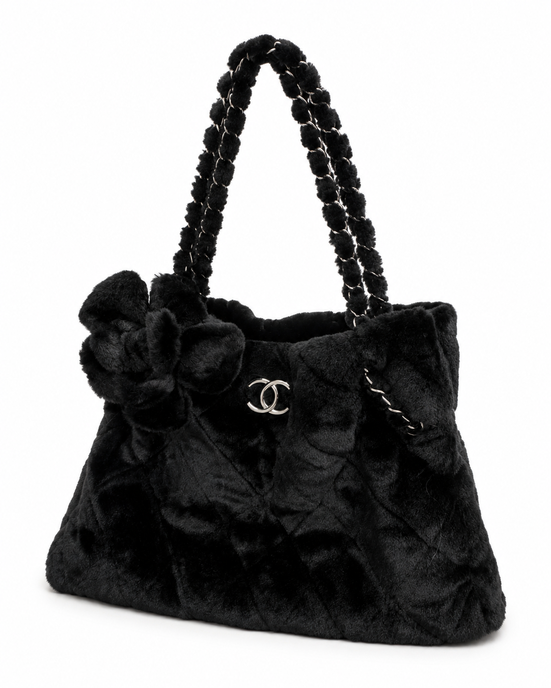 Chanel Matelasse Camelia Fur Chain Tote I Black with Silver Hardware