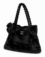 Chanel Matelasse Camelia Fur Chain Tote I Black with Silver Hardware