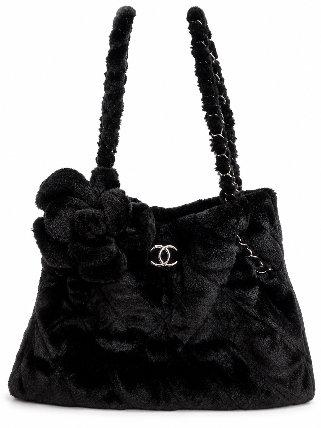 Chanel Matelasse Camelia Fur Chain Tote I Black with Silver Hardware