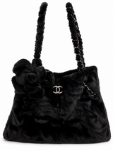 Chanel Matelasse Camelia Fur Chain Tote I Black with Silver Hardware