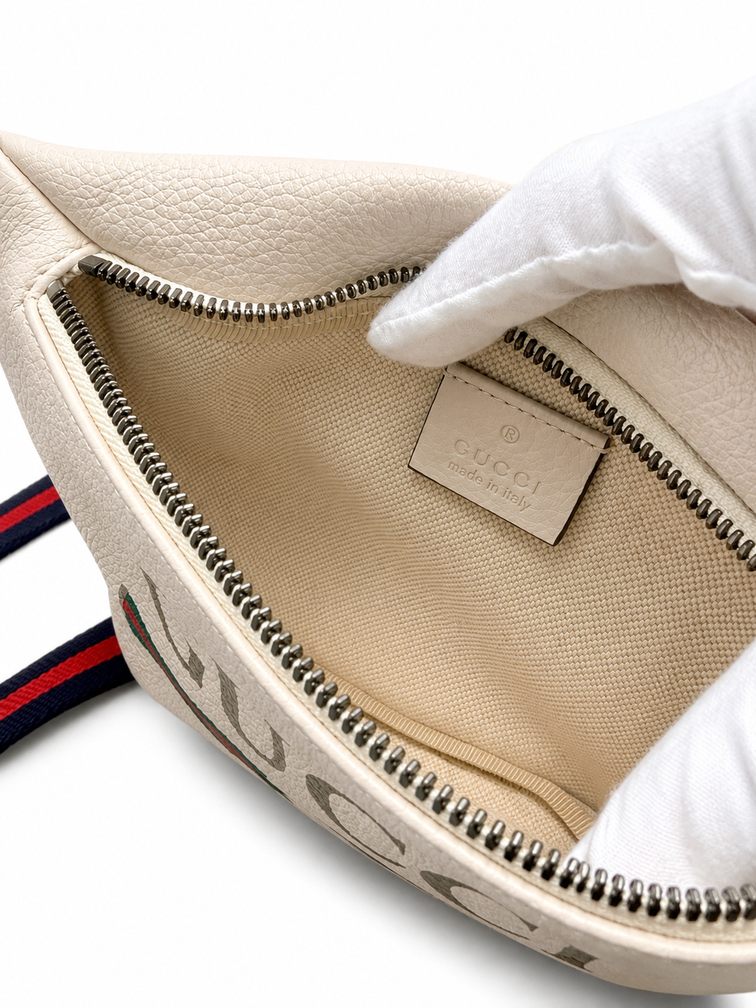 Gucci Logo Canvas Belt Bag I White with Red and Green Web Stripe
