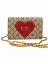 Gucci GG Supreme Heart Chain Wallet I Beige Monogram with Red Suede 648948