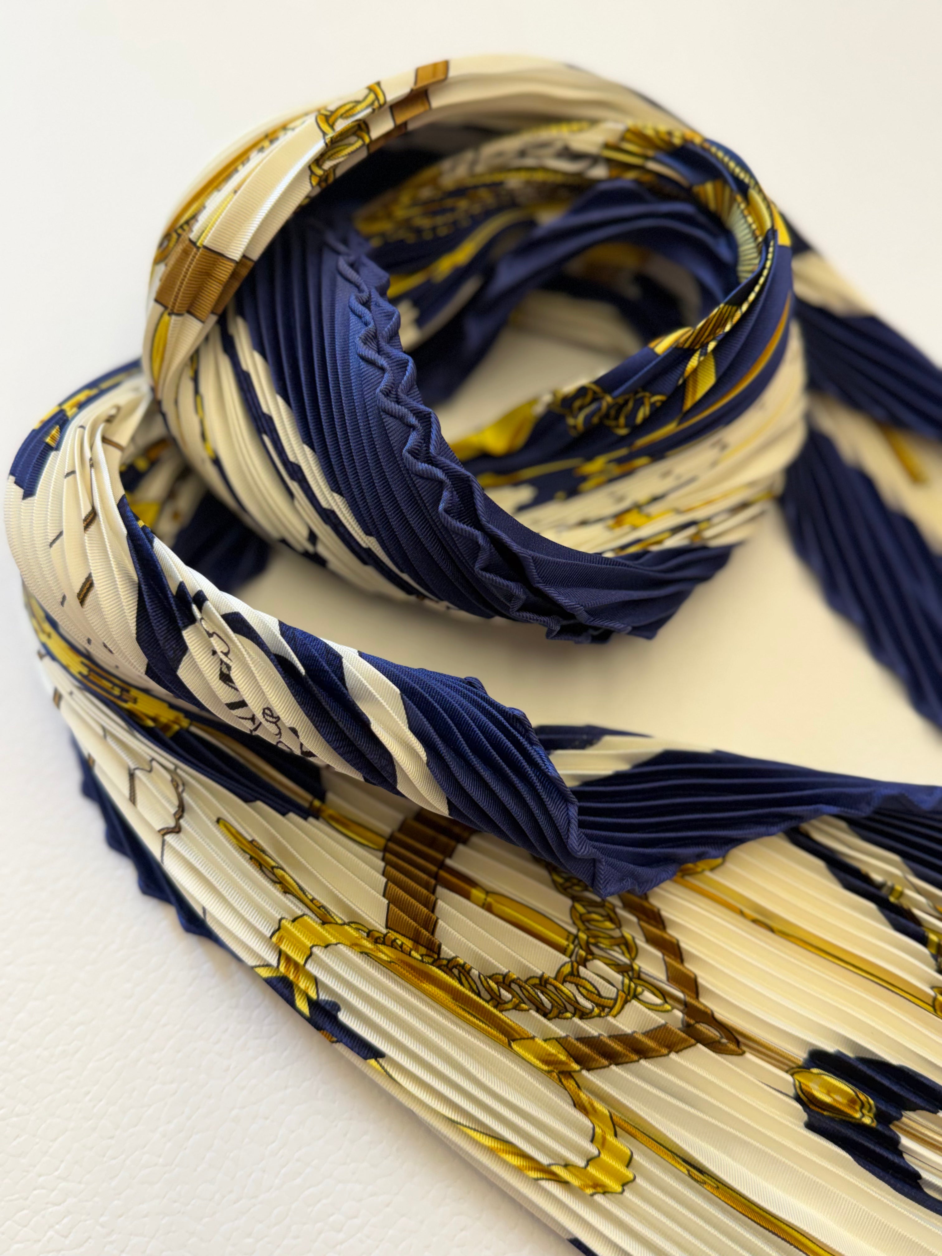 Hermès Eperon D'Or Pleated Scarf I Black I Dark Blue, Off-White and Gold