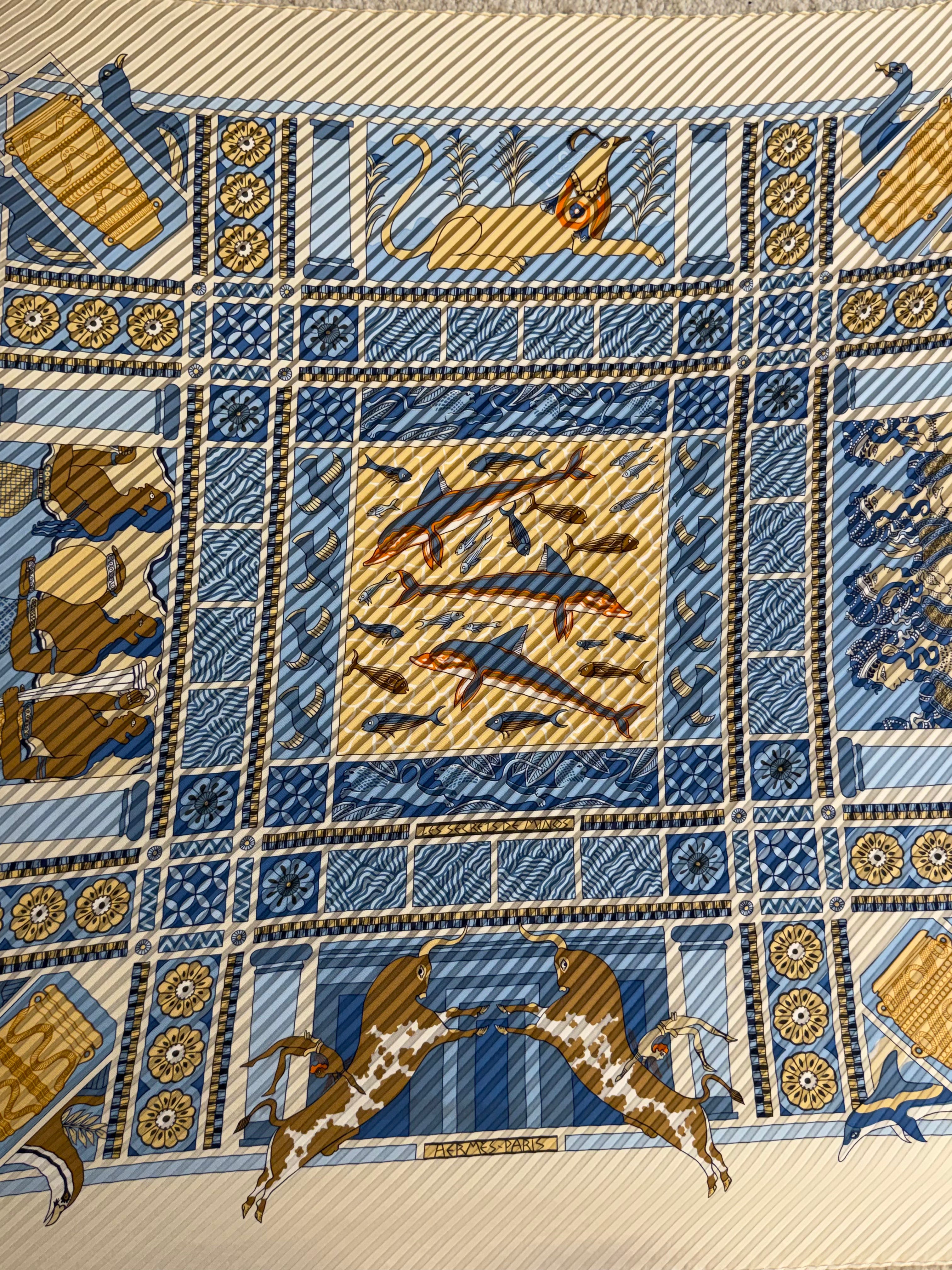 Hermès Les Secrets Pleated Scarf I Beige and Blue