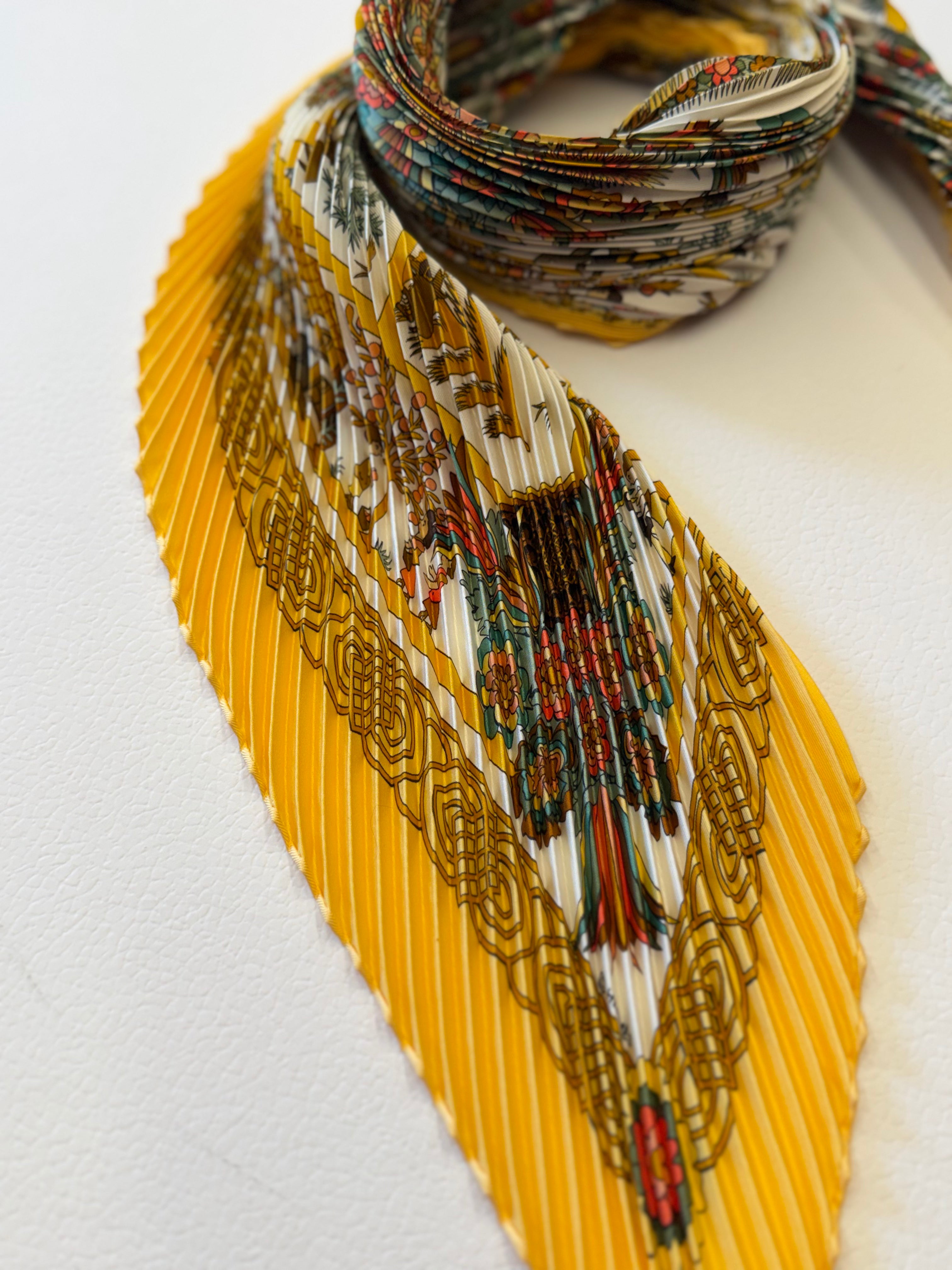 Hermès Découpages Pleated Scarf Ex Libris I Yellow