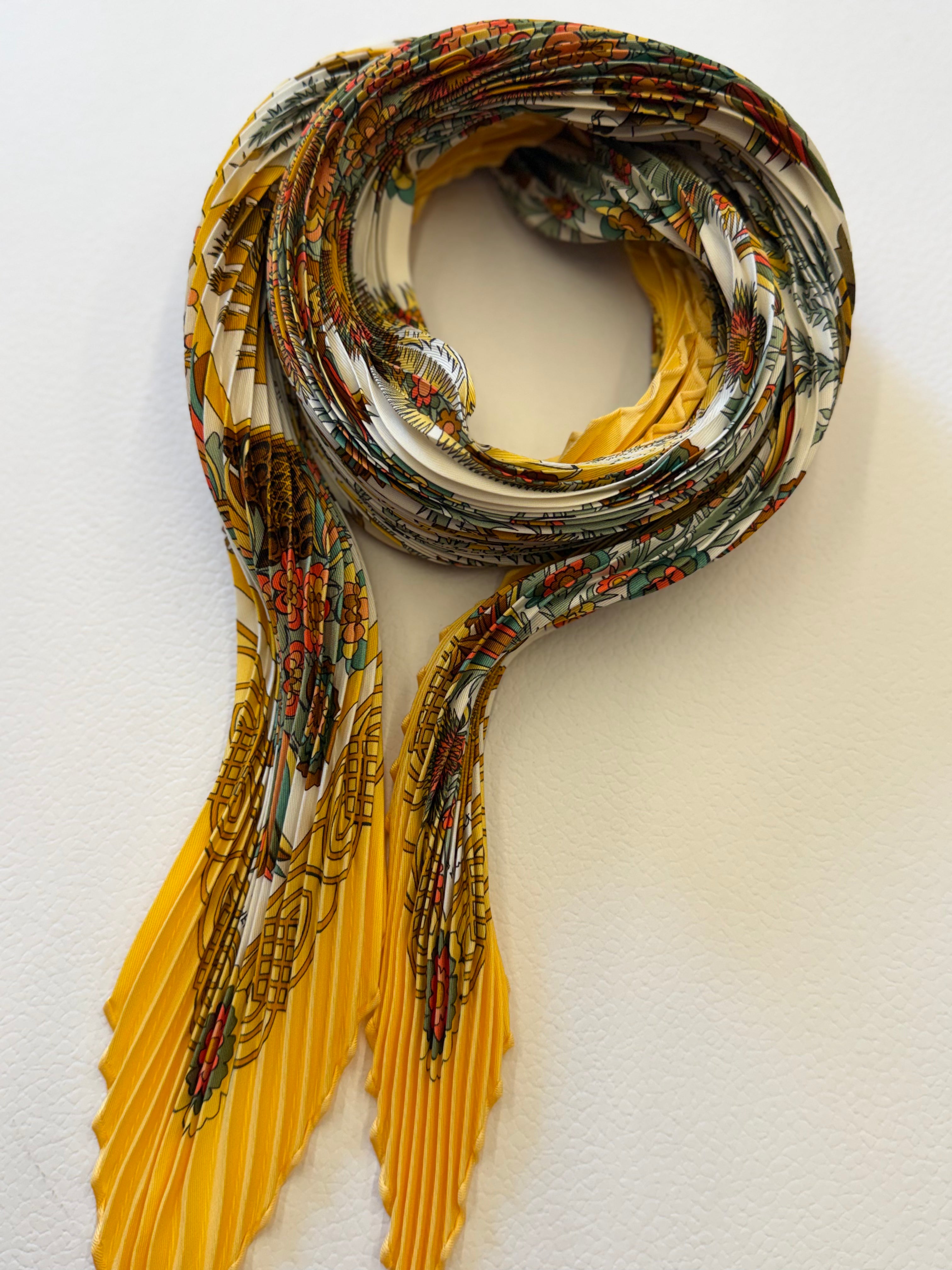 Hermès Découpages Pleated Scarf Ex Libris I Yellow