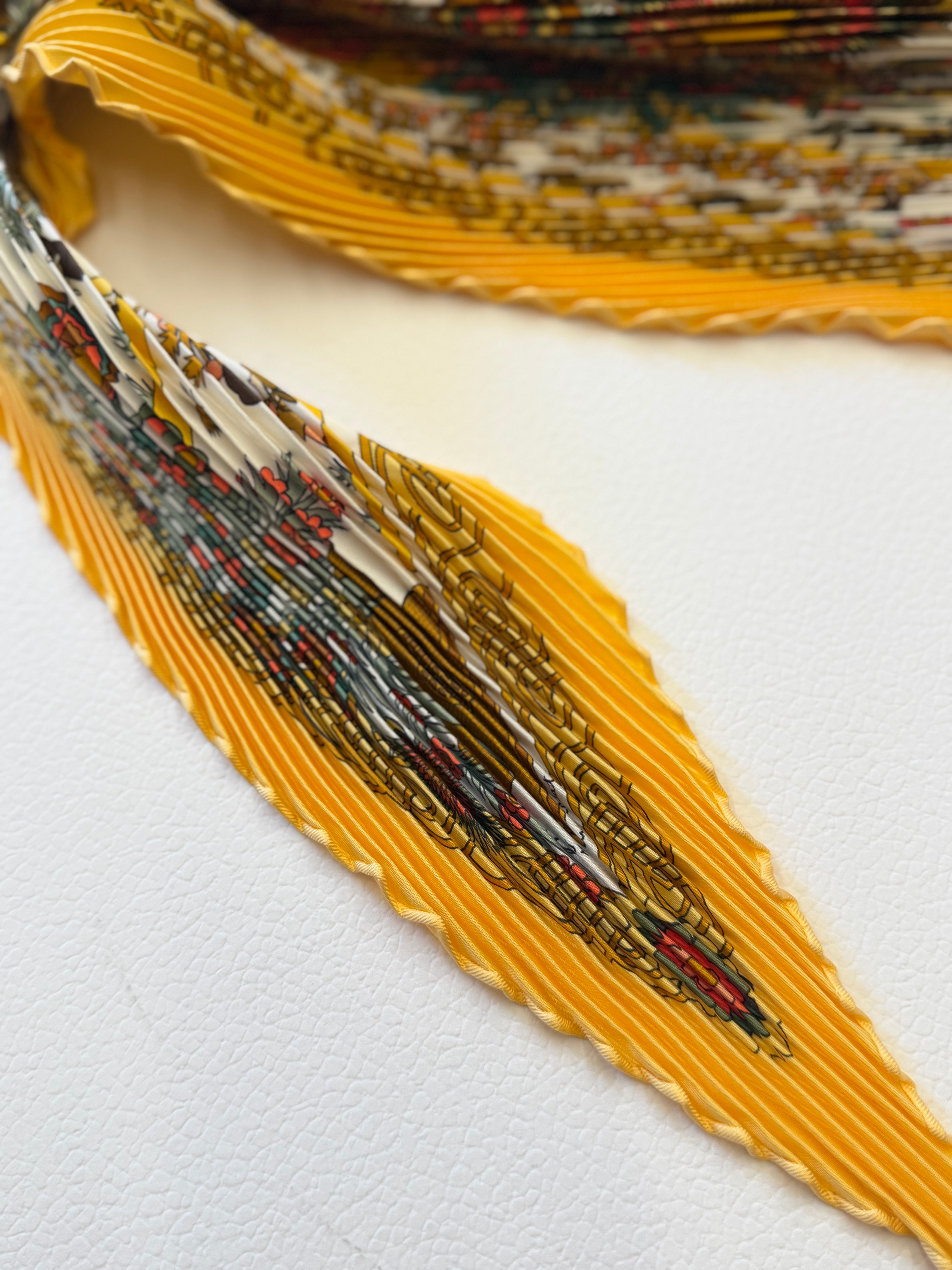 Hermès Découpages Pleated Scarf Ex Libris I Yellow