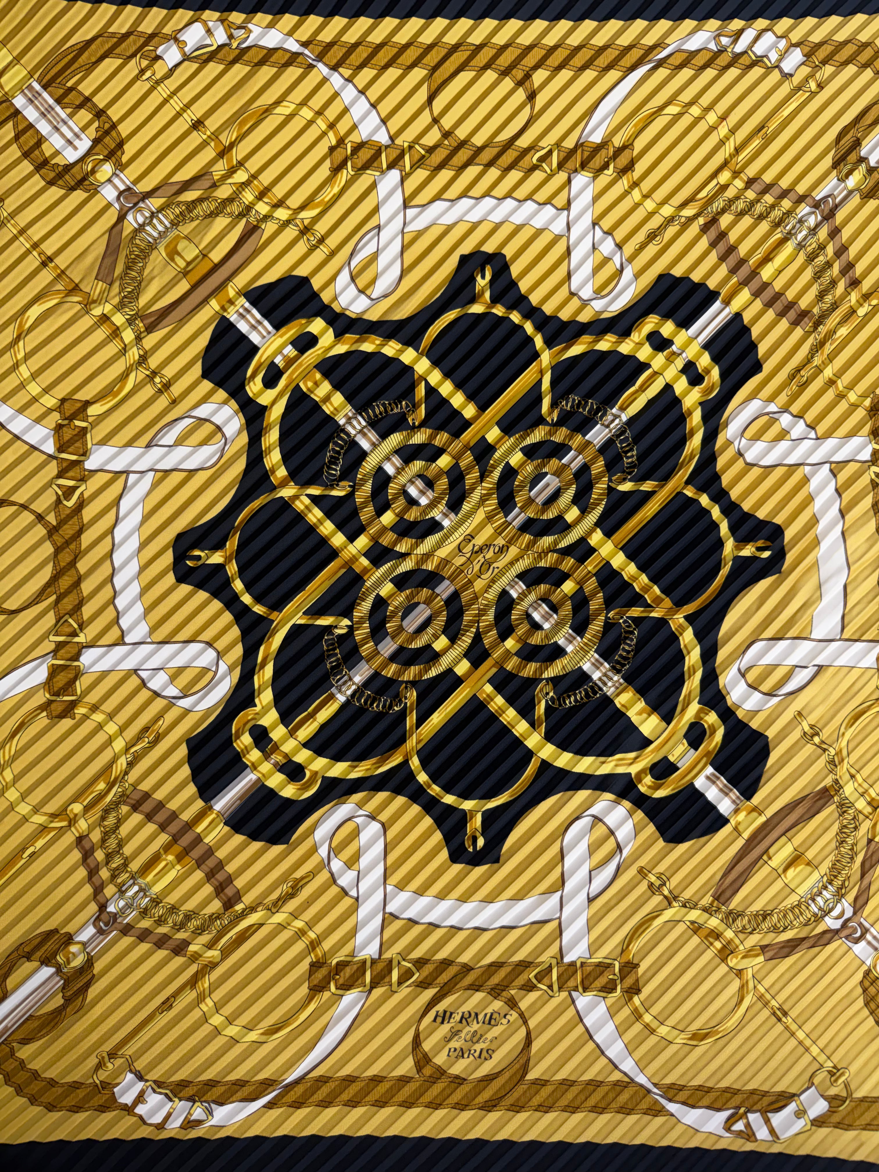 Hermès Eperon D'Or Pleated Scarf I Black, Gold and Yellow