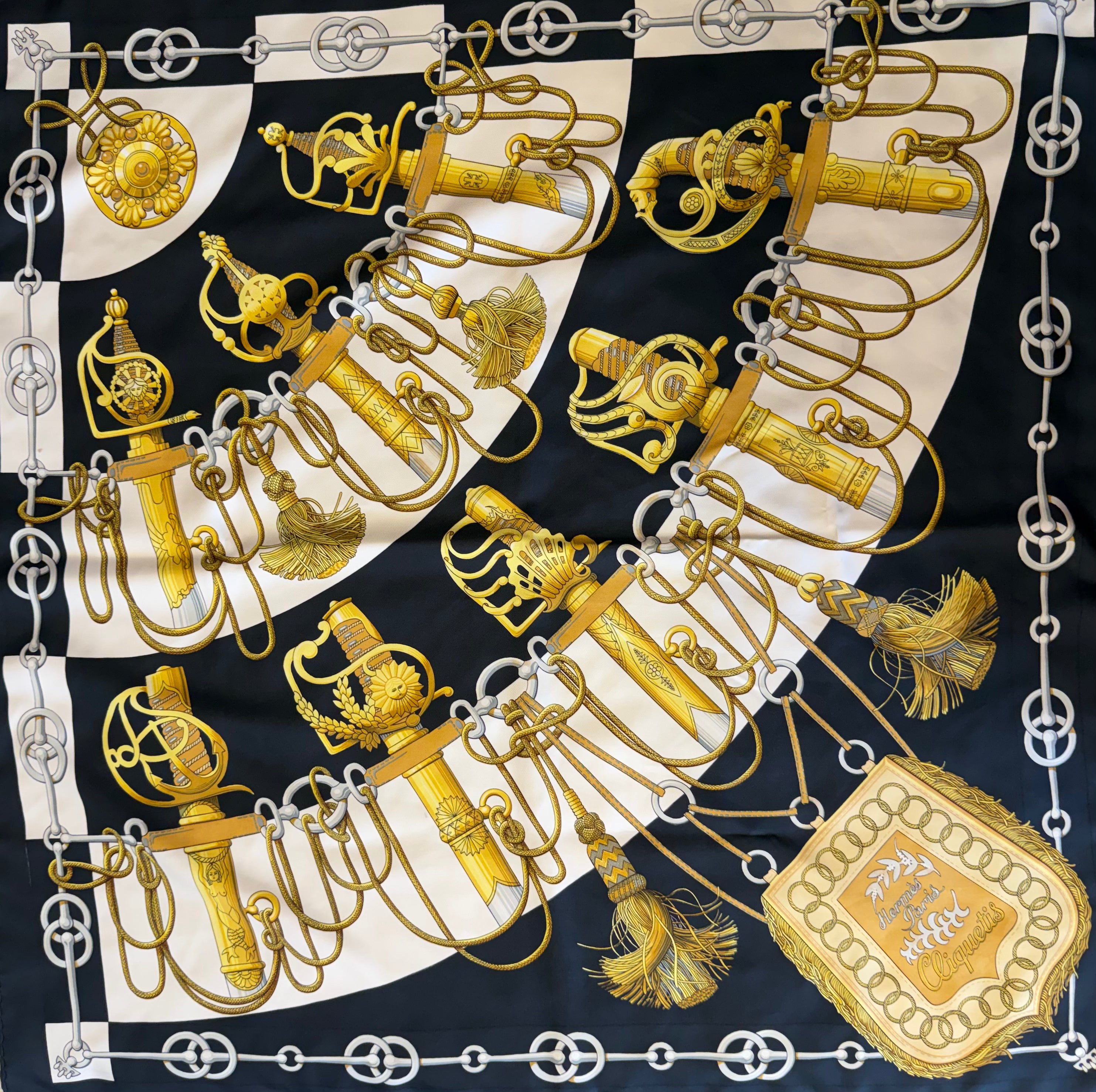 Hermès Cliquets Silk Scarf I Blue, Gold and Off-White