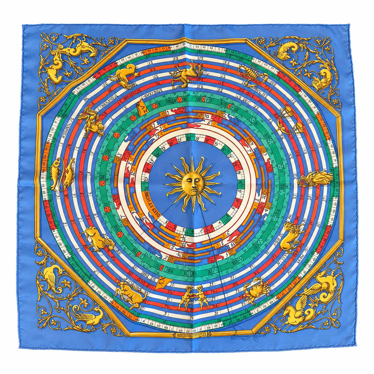 Hermès Astrologie / Dies et Hore 45 × 45 cm silk scarf in blue, full view on a white background