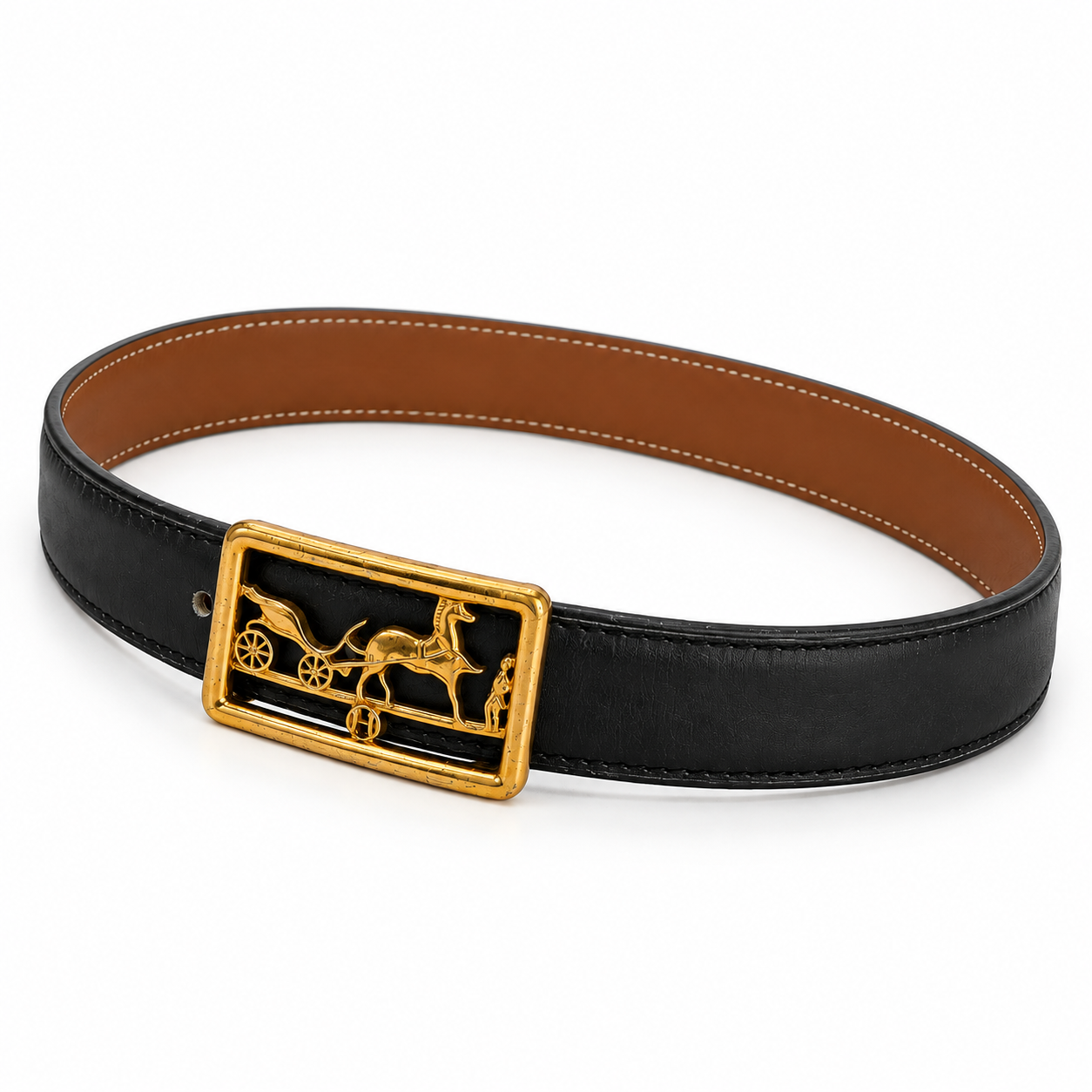 Hermès belt three-quarter view on white background — AI-assisted studio image based on the actual item