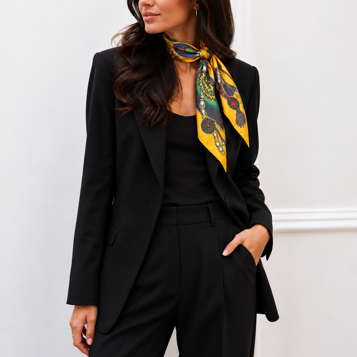 Modelo NEW NEW de blazer preto usando o lenço Hermès Festival; composição com IA a partir da modelo fornecida