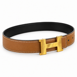 Hermès belt three-quarter view on white background — AI-assisted studio image based on the actual item