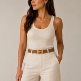 Supplied NEW NEW model wearing the Hermès belt — AI-assisted styling composition