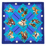 Hermès Polo 90 × 90 cm silk scarf in blue and turquoise, full view on a white background