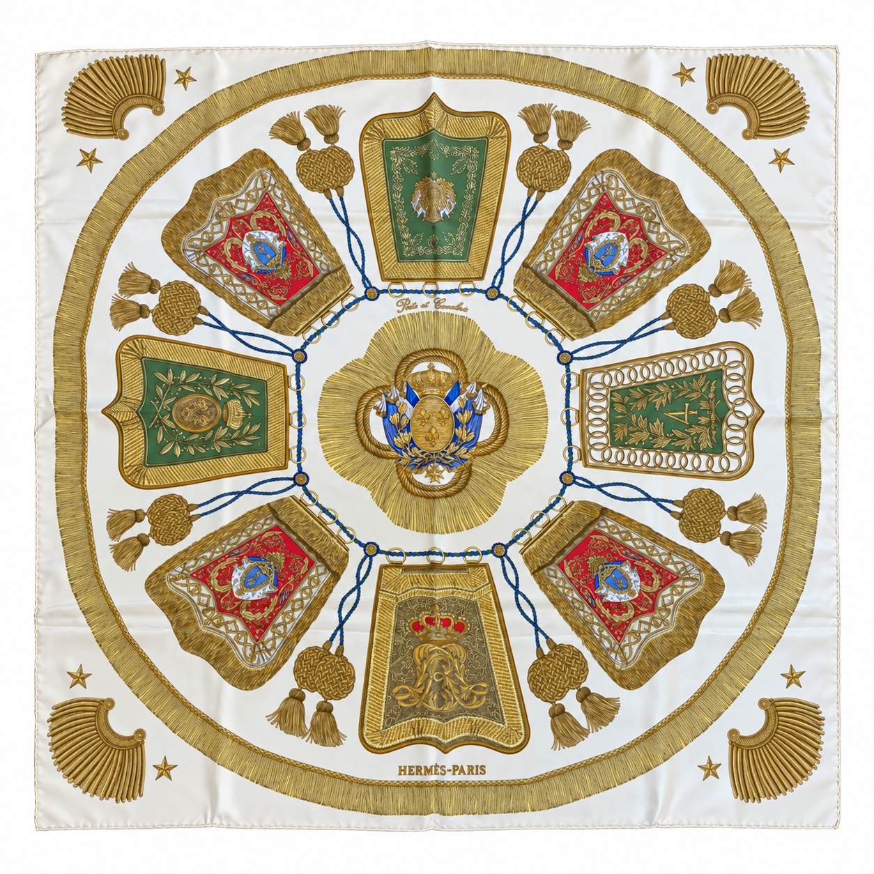 Hermès Poste et Cavalerie 90 × 90 cm silk scarf in ivory and gold, full view on a white background