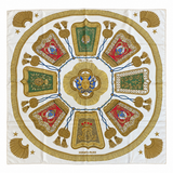 Hermès Poste et Cavalerie 90 × 90 cm silk scarf in ivory and gold, full view on a white background