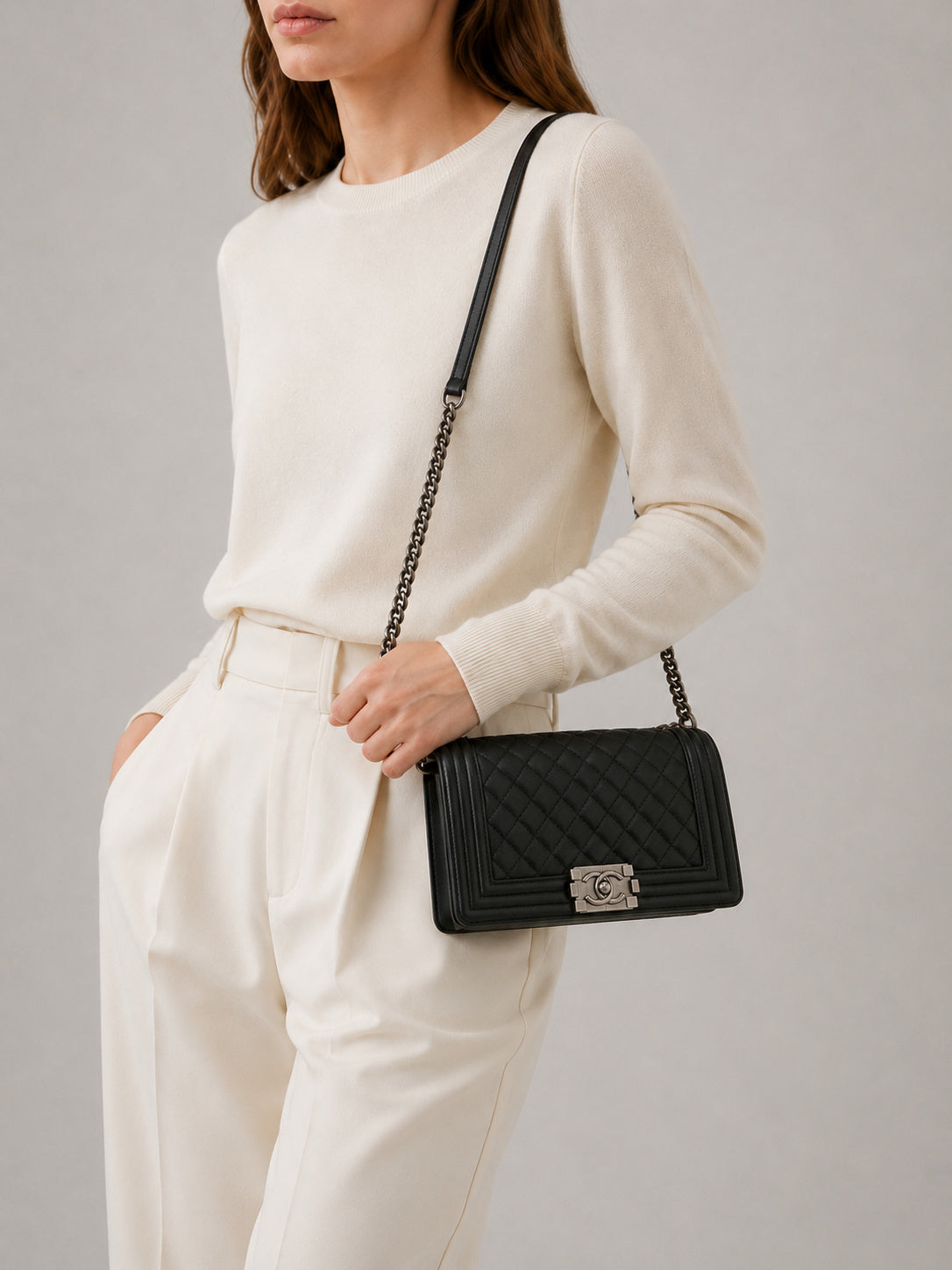 Chanel Boy Flap Quilted Lambskin Chain Bag I Black with Silver Hardware