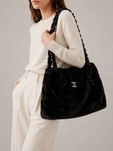 Chanel Matelasse Camelia Fur Chain Tote I Black with Silver Hardware