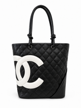 Chanel Cambon black and white lambskin tote - front view