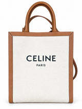 Celine Small Vertical Cabas in natural cotton canvas with tan calfskin trim, front with CELINE PARIS logo
